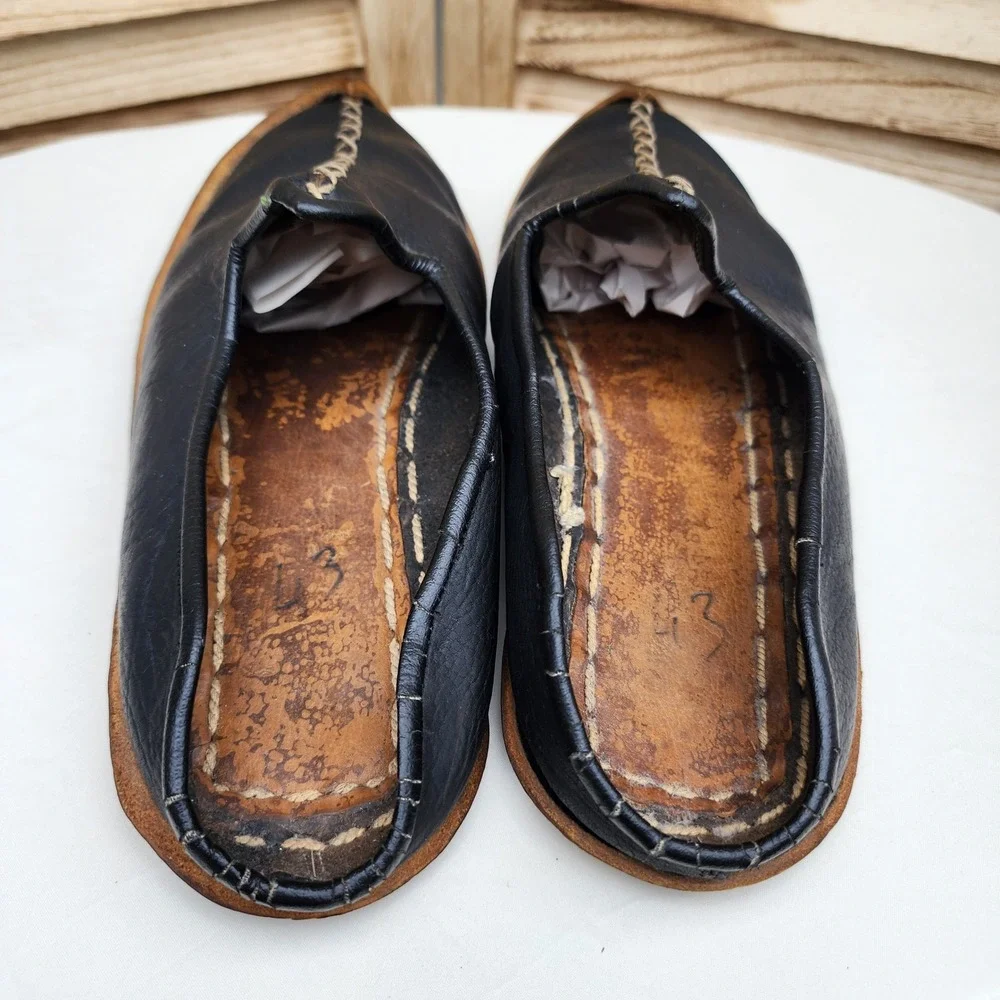 Handmade EU 41 US 8 Black Leather Traditional Arab Slippers Mules Persian Genie